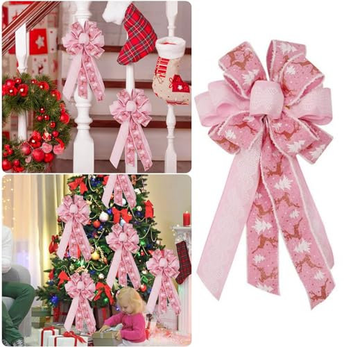 Pink Christmas Tree Topper Bow Handmade Bowknot with Christmas Tree and Reindeer Christmas Ribbon Bows Xmas Wreath Bow Hanging Ornaments Decorative Bow for Wedding Birthday Holiday Party