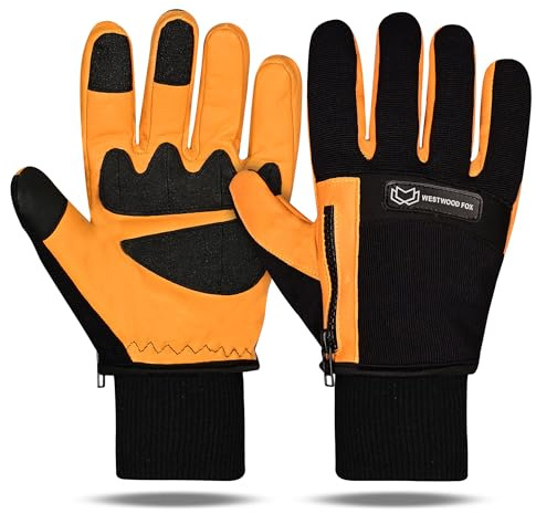 WESTWOOD FOX Wasserdichte Arbeitshandschuhe im Winter, Lederhandschuhe für Männer und Frauen, Sicherheitsarbeitshandschuhe mit Touchscreen für Bauarbeiten (Schwarz-Gelb, M)