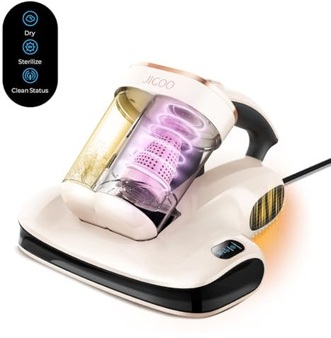 JIGOO S100 Aspirador de ácaros, Aspiradora Antiacaros para colchones con Sensor de ácaros, Pantalla LED, vibración, luz UV, ultrasonido, Elimina 99.9%, Especial Alergias, para Colchones y Sofás