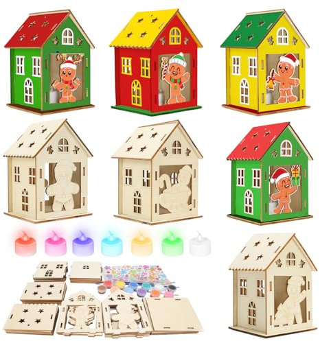 TGFIX 7set Teelichthaus Basteln Weihnachten Kinder Mit LED Kerzen Lebkuchenhaus Bausatz Holz Teelicht Haus Lichterhaus Weihnachten Bastelset Kinder Gingerbread House Weihnachtsbaum Hängendsdeko