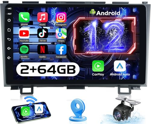 Car Radio Stereo for Honda CRV 2007-2011: 2+64G Upgrade 9 1280x800 IPS Touchscreen, Android 12 Head Unit with Wireless Carplay & Android Auto, 5GWiFi GPS FM RDS BT SWC 1080P AHD Backup Camera
