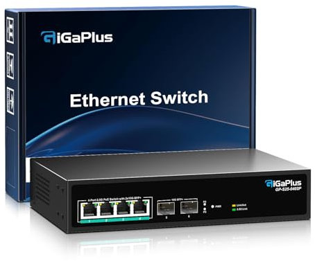 6 Port 2.5Gb Unmanaged PoE Switch with 4*2.5G Base-T PoE Ports, 2*10G SFP+ Uplink, 802.3af/at (PoE+), 60Gbps Switching Capacity, GigaPlus 2.5G PoE Switch for 2.5Gb NAS/PC, WiFi6 Router, Wireless AP