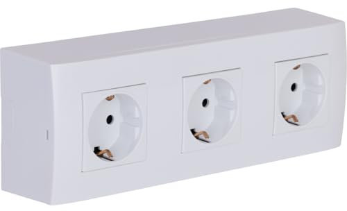 Zenitech, Base de superficie triple Schuko con toma de tierra y placa final, color blanco, bloqueo de seguridad para niños, bornes automáticos, cableado rápido, 16 A 230 V, máx
