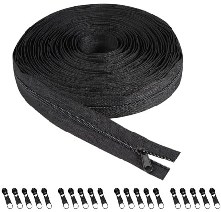 YZROHYI Zip Cerniera Lampo Nero 10 m,Cerniera Lampo Infinita con Cursori,Chiusura Lampo Nylon con 20 Cerniere,Cerniere a Spirale,Cerniera Lampo per Borse Uncinetto Giubbotto,Chiusura Lampo Fai Da Te