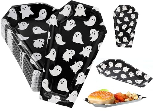 Hsei Lot de 100 assiettes en carton motif cercueil pour Halloween, style | Design jetable imprimé fantôme, forme de cercueil pour apéritifs, déjeuner, dîner, dessert, vaisselle de fête effrayante