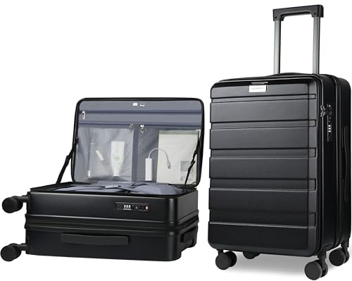 KROSER Koffer Trolleys Handgepäck Hartschalenkoffer, 20 Zoll, Schwarz | Erweiterbarer Handgepäck mit Öffnung Oben, geräumiger, strapazierfähiger Rollkoffer mit USB-Anschluss
