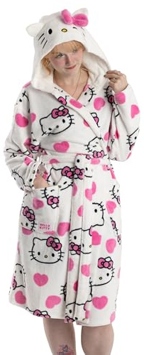 Hello Kitty Womens White Hooded Bathrobe | Cosy Fleece Loungewear with Pink Accents & Long Sleeves | Cartoon Character Design | Perfect for Relaxing Days Merch - Large