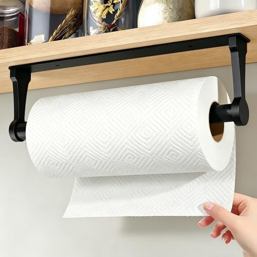 Gewtur Kitchen Roll Holder Under Cabinet, Black Aluminum Alloy Paper Towel Holder with Self Adhesive or Screw Mount, Wall Mounted Kitchen Roll Paper Holder for Kitchen, Pantry, Bathroom, RV