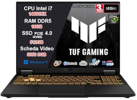 ASUS TUF Gaming F16 Intel i7-14650HX, RTX 5050 8GB GDDR7, 16GB DDR5, SSD 512GB, Display 16 WUXGA IPS 165Hz G-SYNC Anti-Glare, Thunderbolt 4, HDMI 2.1, LAN, Wi-Fi 6E, Windows 11 Home, 36 Mesi Garanzia