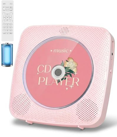 KOVCDVI Lettore CD Portatile con altoparlanti, Bluetooth e Radio rosa | Lettori CD da tavolo e da parete con telecomando, supporto per riproduzione USB/AUX e presa per cuffie