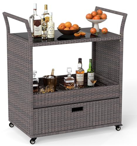 COSTWAY Grillwagen Outdoor, Rattan Servierwagen mit gehärteter Glasplatte, offenes Ablagefach & Schublade, Grill Beistelltisch, Garten Trolley Grilltisch für Hinterhof, Garten, Terrasse, Pool
