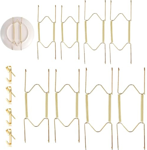 Novastream 8 Pack Wall Plate Hangers, W-Shaped Spring Plate Hanger, Plate Hangers for Walls, Invisible Plate Holder for Wall & Plate Wall Mount, with 4x50LB Plate Hooks for Wall (Gold)