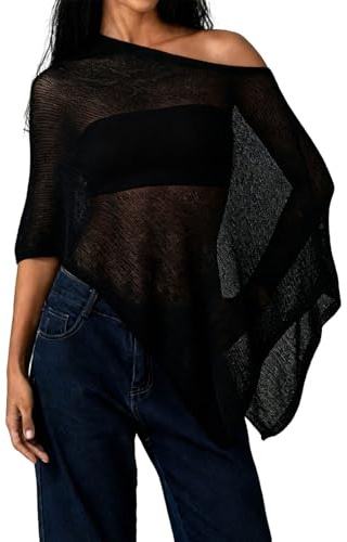 DexQur Womens Sheer Poncho Top Y2k Knitted Summer Asymmetrical Mesh Shawl Pullover Sweater Cover Up Tops