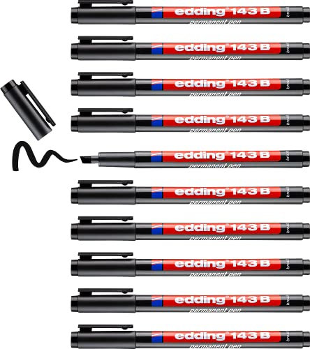 edding 143 B permanent pen - black - 10 pens - chisel nib 1-3 mm - pen for writing on glass, plastic, foils and smooth surfaces - permanent, quick-drying, smudge-proof and waterproof
