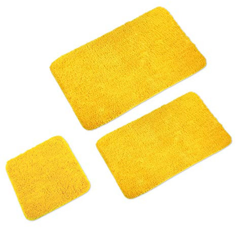 WohnDirect Badematten Set 3tlg - 3X Badvorleger (45x45 + 50x80 + 60x100cm) - Badteppich rutschfest & Waschbar - OHNE Ausschnitt - Gelb