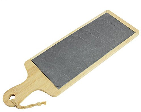 com-four® Servierplatte für Käse und Sushi mit Schieferplatte - Käsebrett für eine stilvolle Käseplatte - Schneidebrett aus Bambus mit Schiefereinsatz - 45 x 14,5 cm (01 Stück - 45 x 14.5 cm)