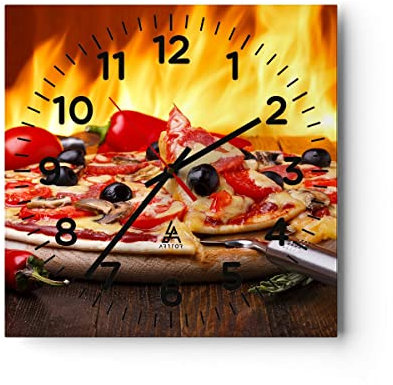 Modern Wanduhr Kuchen Backen Pizza Käse 40x40cm Quadrat Groß Wand Uhr Glas Analog Zimmeruhren Küche Büro Wohnzimmer Glasuhr Wall Clock Dekoration Design Wanddekoration Küchenuhr C4AC40x40-2406