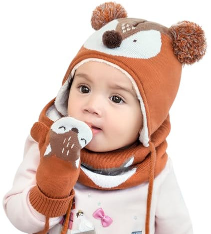DORRISO Unisex-Baby Jungen Mädchen Mütze Schal Handschuh Set Niedlich Frühling Winter Herbst Beanie Strickmütze Warm Niedlich Klein Fuchs Wintermütze 1-6 Jahre alt Orange L