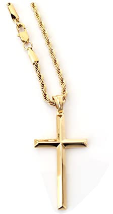 Lifetime Bling 14ct Rope Gold Chain Cross Pendant Necklace for MEN HUSBAND thin 14k Diamond cut w/real strong Solid Clasp Religious Beveled Edge. (20)