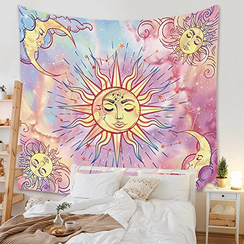 Ricemru Fantasy Wandteppich Sonne Mond Bunt,Wandbehang Psychedelic Trippy Aesthetic Wandtücher Wandtuch Sonnengott Mystische Hippie Wanddeko für Schlafzimmer 150x130