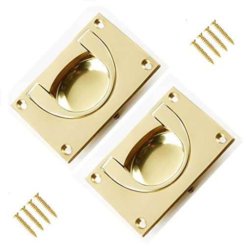 TERF® Traditional Vintage Polished Brass Flush Drop Pull Handle 90mm Face Fix Handle Including Fixing Screw for Use Window Cupboard Cabinet Wardrobe Door Gate - Pack of 2