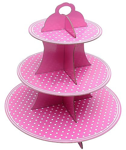 AEX 3 Tier Cake Stand Cardboard | Birthday Cupcake Stands | Cake Stand For Afternoon Tea Stands | Biodegradable Round Food Stand Display | Dessert Cupcake Holder | Pink Polka Dot