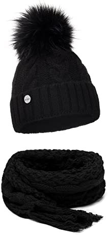 ELIMELI® Winter Mütze Schal Set Damenmütze mit Fell-Bommel Fleece Innenfutter - 2-teilig Damen Winterset - Wintermütze und Schal Damenschal- Strickmütze gefüttert - (Schwarz - Mütze mit Schal)