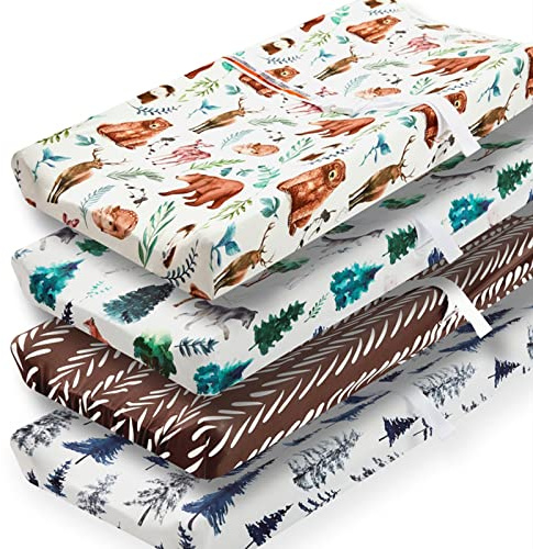 Jola's House 4 x Wickelauflagenbezüge, Wald, Tiere, Holz, neutral, Unisex, für Babys, Jungen oder Mädchen, Changing Pad Covers
