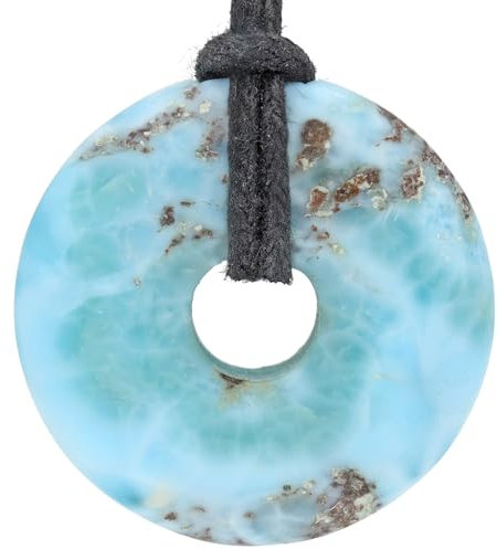 Lebensquelle Plus Edelstein Donut Ø 30 mm + Baumwollband + Edelsteinkarte | Naturstein Anhänger Halskette | Echte Heilsteinkette inkl. Band (Larimar)
