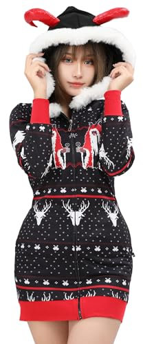 haikyuu Frauen Weihnachten Kostüm Santa Cosplay Langarm Hoodie Kleid Pullover mit Tasche, Schwarz, XXL