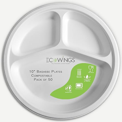 ECOWINGS 50 Premium 10 Inch Disposable Plates, Biodegradable and Compostable, Made from Sugarcane Fibre - Perfect for Parties and Events, 3 Compartments - Pack of 50