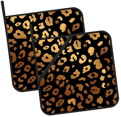 Topflappen mit Leopardenmuster, hitzebeständig, für Mikrowelle, Kochen, Backen, Ofen, Geschirr und Grill, Geschenke für Frauen, Schwarz, Gold, 2 Stück