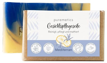 puremetics Gesichtspflegeseife 'Mediterran' | Bio-Seife zur Gesichtsreinigung | Biologische Öle Gesichtsreiniger