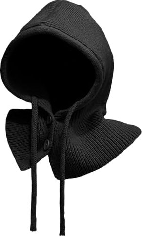 JFAN Warme Wintermütze mit Weichem Balaclava Strickmütze Skull Cap mit Kordelzug Weich Kapuzenschal Mütze Unisex Slouch Beanie Elastisch Mütze,Schwarz
