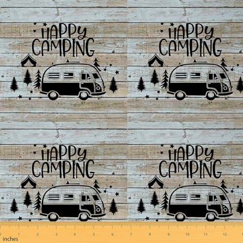 Loussiesd Camper Stoff 92x150cm Happy Camping Stoff Meterware für Stühle Cartoon Camping Auto Patchwork Stoffe RV Camping Stoffpaket Dekor Bauernhaus Anhänger Camper