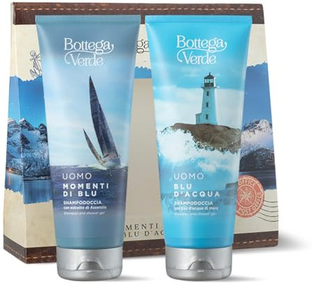 Bottega Verde - Momenti di Blu e Blu d'Acqua, Confezione Regalo Uomo con Shampoo Doccia con Sali d'Acqua di Mare 200 ml e Shampoo Doccia con Estratto di Assenzio 200 ml, in un Elegante Cofanetto