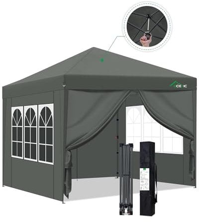 Acepic One-Touch Pop-Up-Pavillon 3 x 3 Wasserdicht Stabil Winterfest mit Seitenteile, Faltpavillon mit Verdickten Röhren,fur Garten, Party, Camping,Stahlrahmen, mit 4 Seitenteilen(Grau, 3 x 3 m)