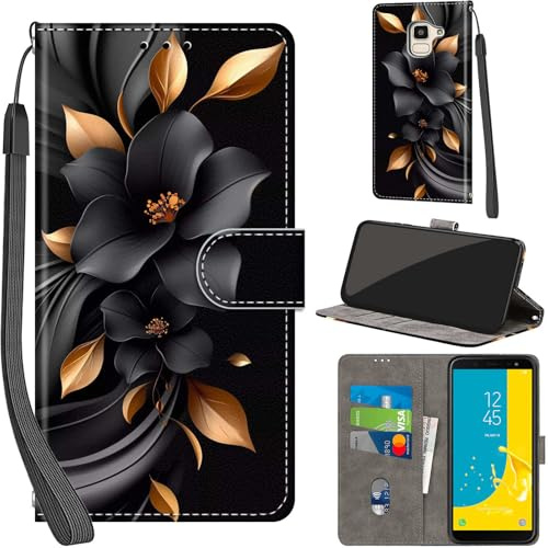 Handyhülle für Samsung Galaxy J6 2018 Klapphülle Leder Wallet Blumen | 3 Kartenfächer & 1 Geldfach, Magnetverschluss, Ständerfunktion, robuste premium PU leder klapphülle für Samsung J6 2018