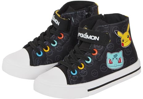 Pokemon Canvas Hi Top Sneaker mit Reißverschluss Kinder Pikachu Sportschuhe Plimsolls Pumps, Schwarz , 36 EU