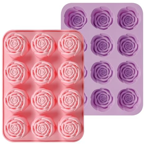 Rose Ice Cube Silicone Moulds 2 Pack,12-Cavity Handmade Rose Flower Ice Cube Tray & Chocolate Mould, Food-Grade Reusable Baking Mould for Sweets, Jelly, Wax Melt, Candle & Soap Making