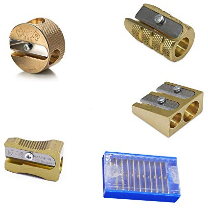 KOMPLETT-SET 4 Stile von Mobius + Ruppert (M+R) Messing-Anspitzer + 10 Ersatzklingen - Beste der Welt - Made in Germany