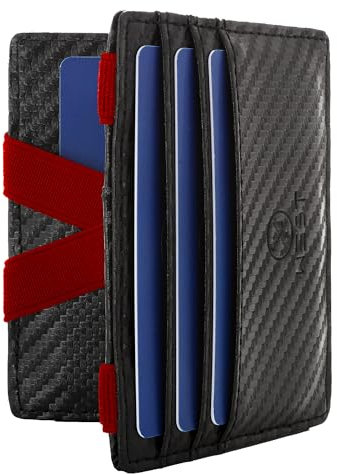 WEST® - Magic Wallet mit Münzfach + Geschenkverpackung - magische Geldbörse kompakt & klein - Trick Geldbörse - extra Starke Geldbänder - dünne Geldbörse mit Münzfach - RFID Schutz (Schwarz-Rot)