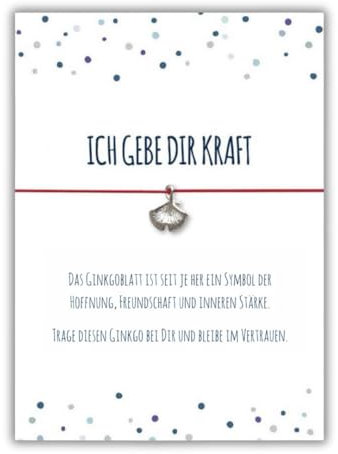 Glücksschmiedin – Spruchkarte „Ich gebe dir Kraft“ mit Wunscharmband & Ginkgo-Anhänger – Mutmacher Geschenk & Glücksbringer für Prüfungen – Handgefertigt in Deutschland