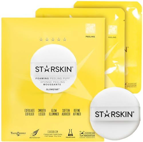 STARSKIN Glowstar, Facial Radiance Pads with Lactic and Glycolic Acid, AHA Exfoliant infused with Vitamin C Serum, Face Peeling Puff, Optimal for Soft Scrub, K Beauty Skincare