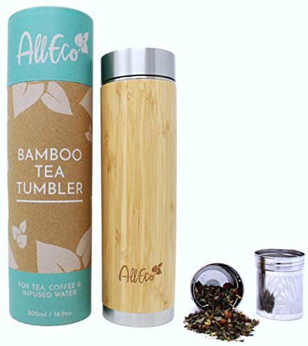 AllEco® Teeflasche mit Sieb to go 500ml Bambus Edelstahl doppelwandig | Teebereiter, Teebecher, Teekanne ideal als Tee Geschenkset | nachhaltig, wiederverwendbar & umweltfreundlich