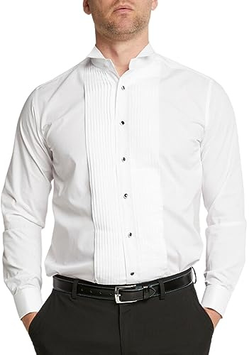 DoubleTwo - Men’s White Wing Collar Tuxedo Shirt - Formal Dress Shirt with Double Cuff - Stitched Pleat Front - Cotton Blend Dinner Shirt for Weddings & Black Tie