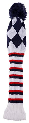 AOD - Copritesta per mazze da golf, stile vintage, con pompon e strisce bianche e blu, bianco