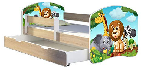 Kinderbett Jugendbett mit einer Schublade und Matratze Sonoma mit Rausfallschutz Lattenrost ACMA II 140x70 160x80 180x80 (02 Animals, 180x80 + Bettkasten)