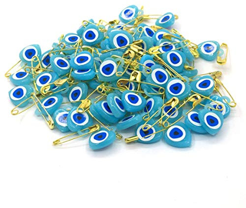 100Stk. Nazar Boncuk mit Sicherheitsnadel Böser Blick Glücksbringer Talisman Herz Blaues Auge Evil Eye zum Verschenken als Mitgebsel zur Geburt Taufe Hochzeit (Türkis Blau)