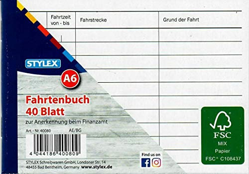 6 Fahrtenbücher DIN A6 Stylex Fahrtenbuch 40 Blatt